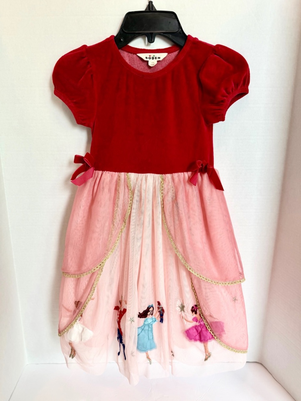 Mini Boden Nutcracker Appliqué Dress-Carmine Red/Almond Pink Like New 5-6y